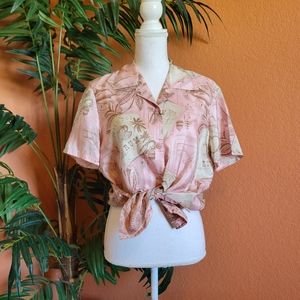 Vintage Dana B & Karen Short Sleeve Button Up Blouse Travel Print Silk Pink 10